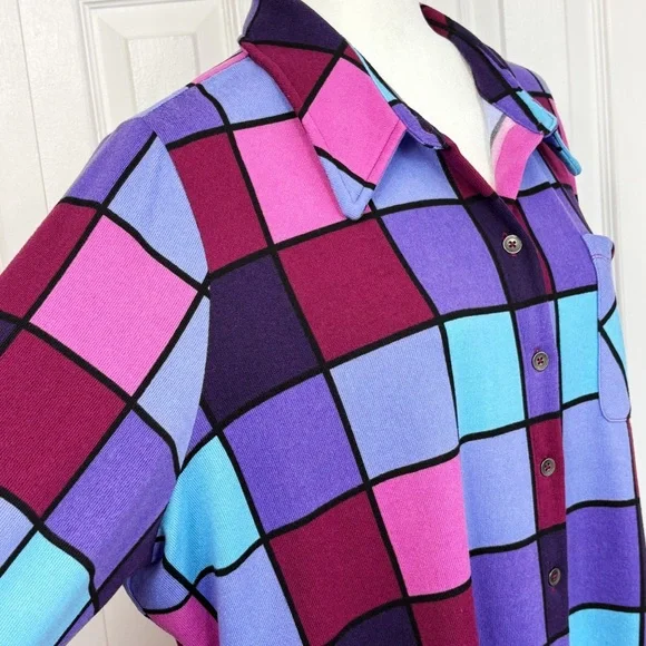 Denim & Co. Bold Colorful Check Print Knit Button Down Tunic Shirt 1X - Picture 5 of 16